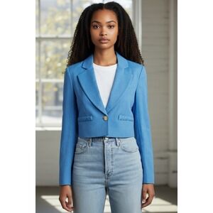 $325 Jason Wu Blazer Cropped Shoulder Pads Linen Cobalt Blue Braided M Jacket